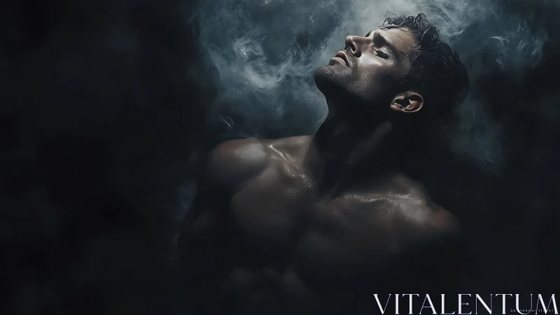 Sweat-sheened dreamer rises through stormy midnight vapor