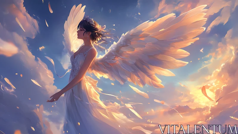 Radiant winged girl drifts peacefully through glowing clouds
