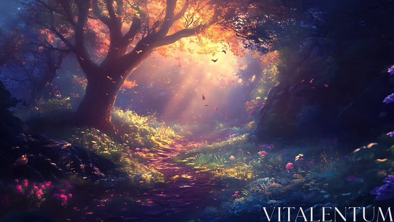 Sunlit forest path where quiet magic hums in the air.