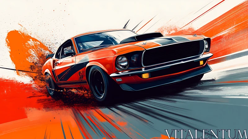 Retro muscle comet drifts through a storm of orange speed.
