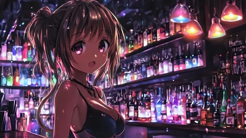 Neon-lit anime bartender in saturated nightlife bar interior.
