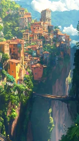 Cliffside terraced city over deep gorge in bright daylight.
