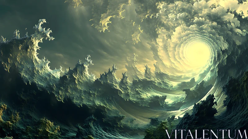 Surreal vortex of clouds and waves around bright glowing sun.