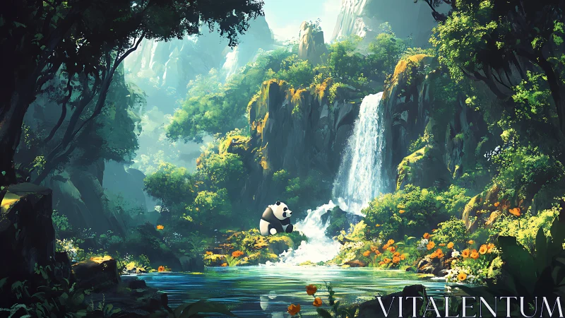 Panda beside turquoise jungle pool under tall cascade falls