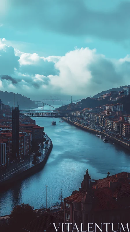 Riverside urban district with bridges under dense cloud cover.