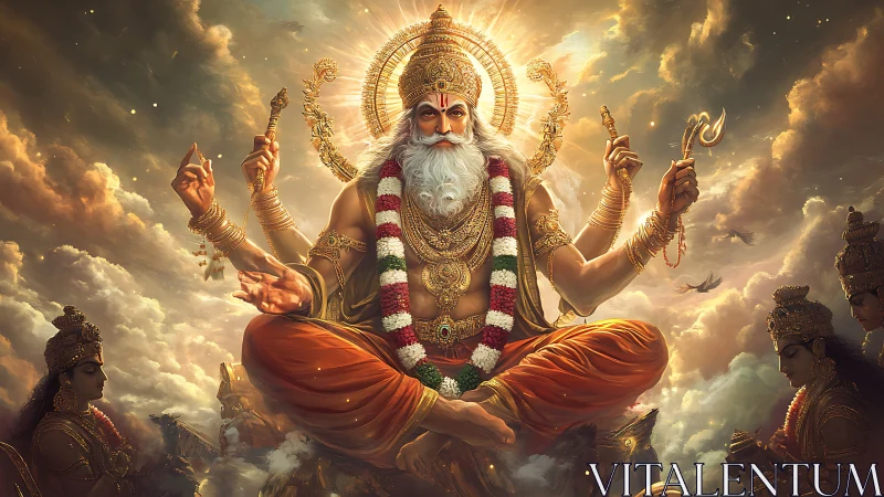 Hindu god with multiple arms seated on clouds in golden light.