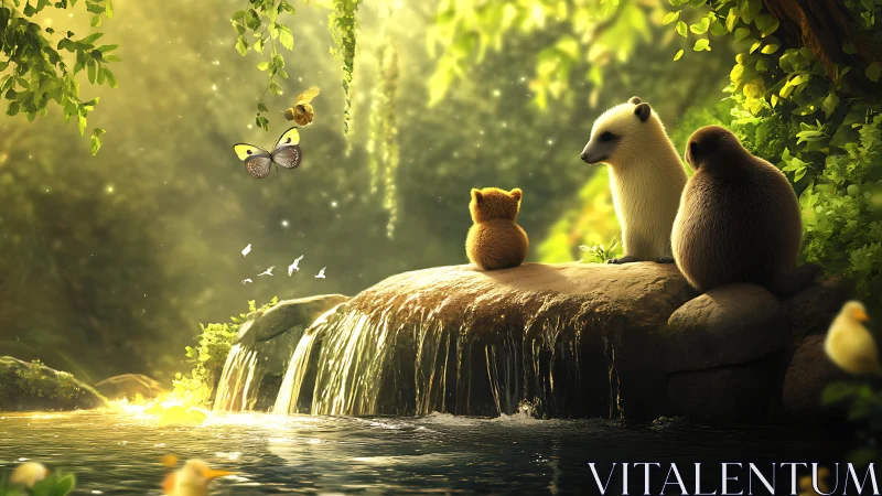 Forest animals watch glowing waterfall under warm sunset light