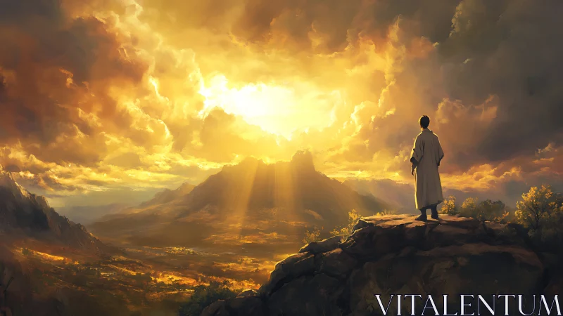 Backlit observer on promontory under volumetric sunset sky.