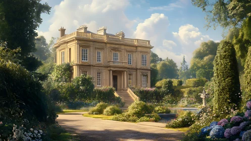 Sunlit manor house rises over romantic flower gardens