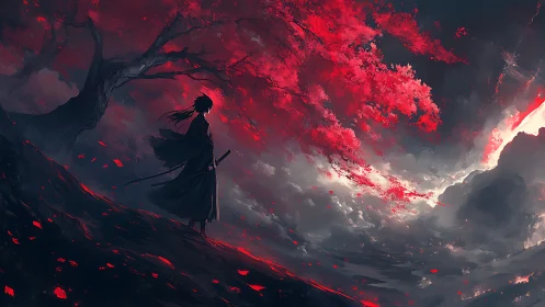 Lone samurai under crimson tree against stormy sky.