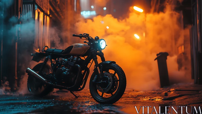 Custom motorcycle stands in foggy neon lit urban alleyway