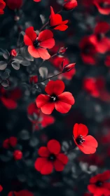 Red flowers bloom against dark green foliage in natural light.