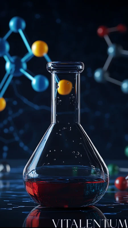 Glass lab flask glows with red solution in molecular space