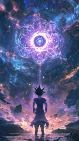 Cosmic warrior beneath radiant galactic energy blossom.