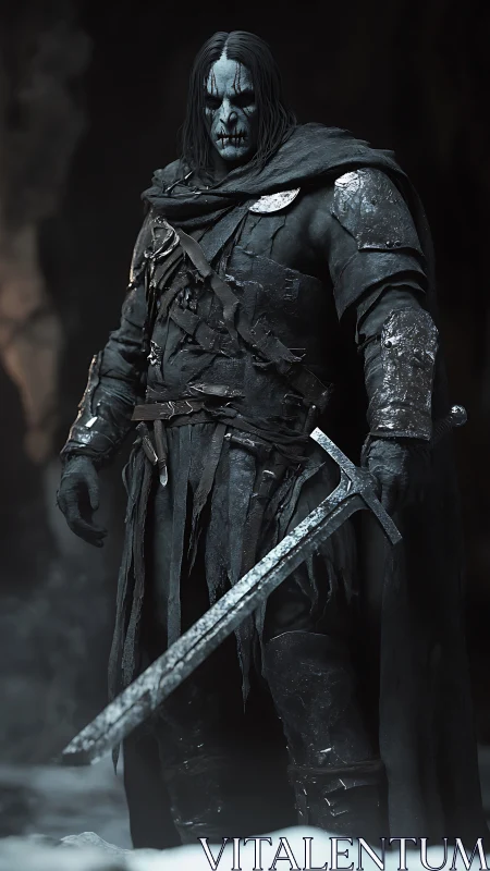 Grim dark warrior stands watch with a weathered steel blade.