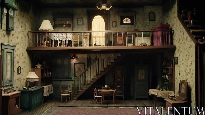 Cozy vintage dollhouse room glows with layered wooden charm