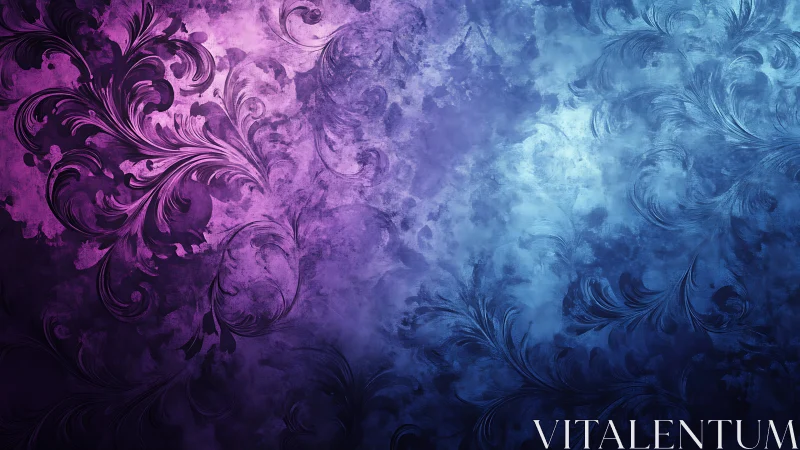 Purple to blue gradient with ornamental floral swirls.