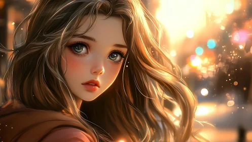 Girl with long hair rendered in glowing sunset lighting