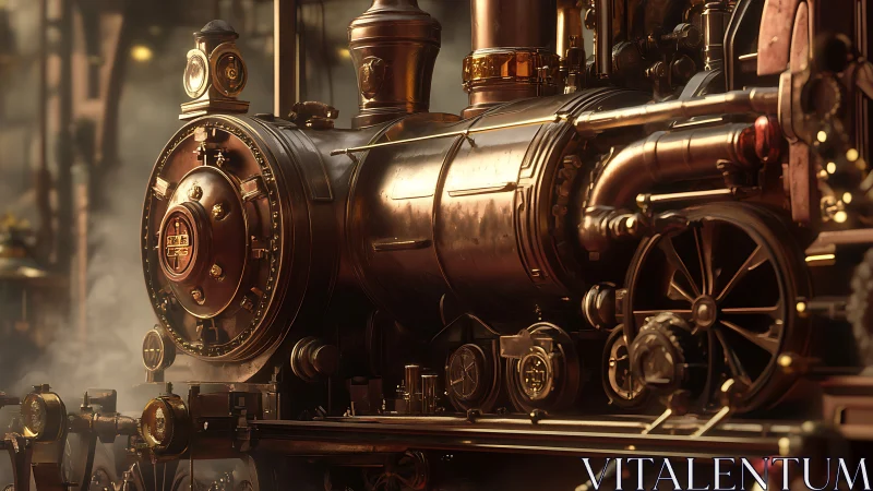 Detailed steampunk locomotive with brass pipes and gauges.