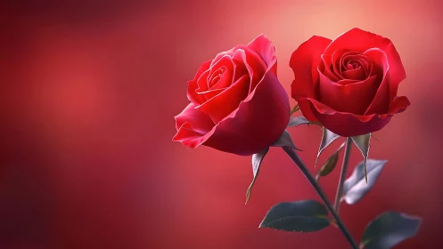 Two Red Roses Against Soft Pink Gradient Background