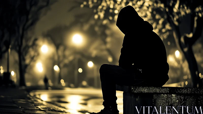 Hooded loner beneath amber streetlights, holding quiet storms.