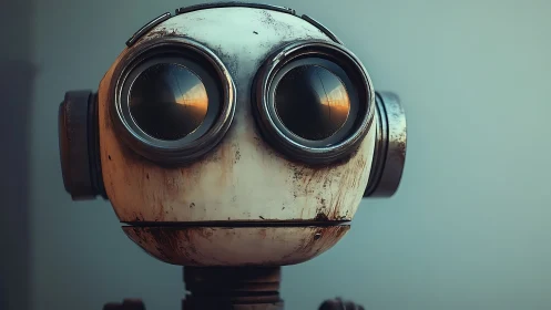 Rusty wide-eyed robot quietly daydreaming at sunset.