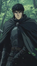 Brooding anime swordsman in dark armor within forest.