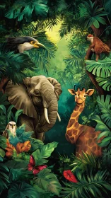 Jungle chorus of curious friends under emerald light.
