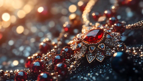 Ruby gemstone necklace with ornate gold and diamond setting.