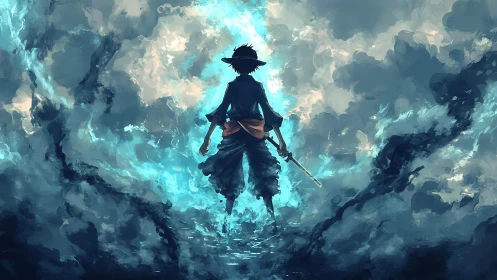 Stormlit swordsman advancing through glowing cloud rift.