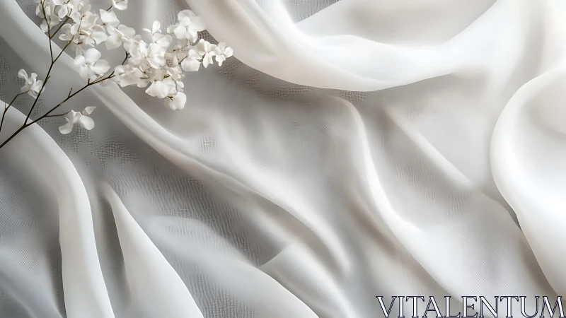 White Silk Fabric with Delicate Flowers.