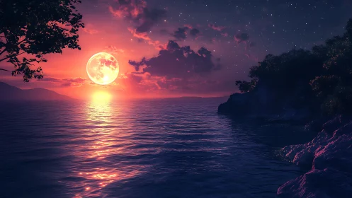Vivid moonrise over calm sea with glowing shoreline rocks.