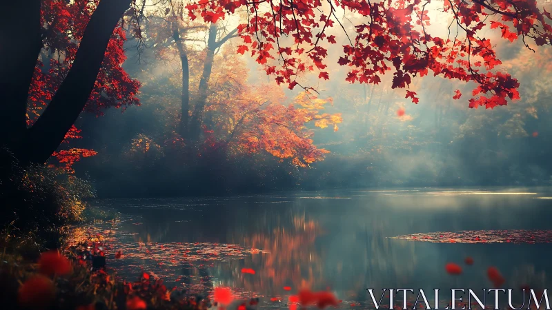 Autumn mist settles over tranquil forest lake at sunrise
