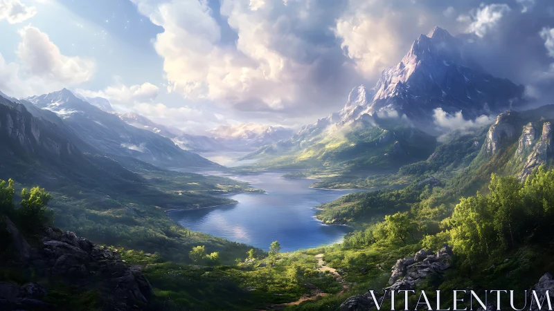 Digital painting panoramic alpine valley with luminous lake.