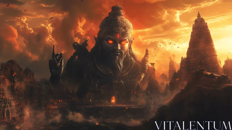 Colossal deity statue above fortified temple city at dusk.