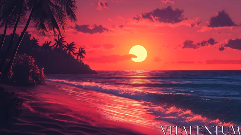 Chromatic tropical shoreline under saturated digital sunset.