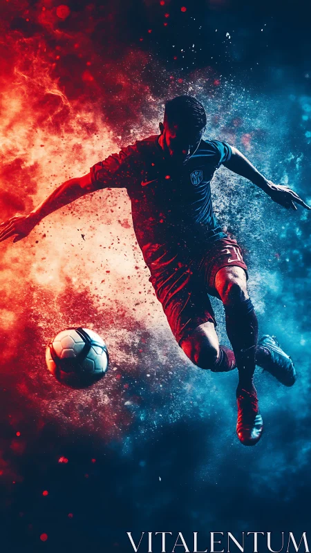 Bicolor energy dispersion around dynamic football striker silhouette.