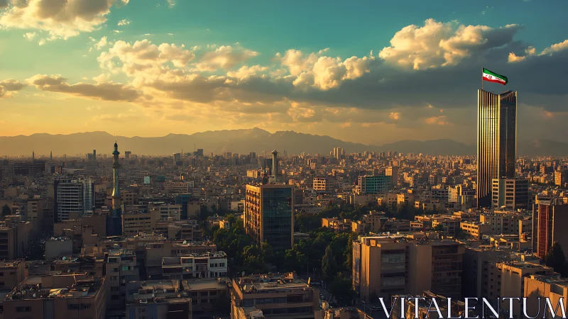 Golden hour skyline captures Tehran beneath glowing clouds
