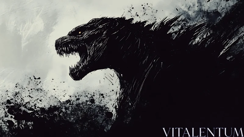 Monstrous ink silhouette roars through splattered shadows.