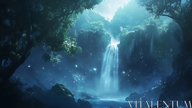 Waterfall in densely forested canyon under blue illumination.