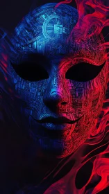 Cyber mask split by blue circuitry and red digital fire.