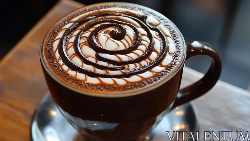 Mocha coffee in brown cup with spiral chocolate art.