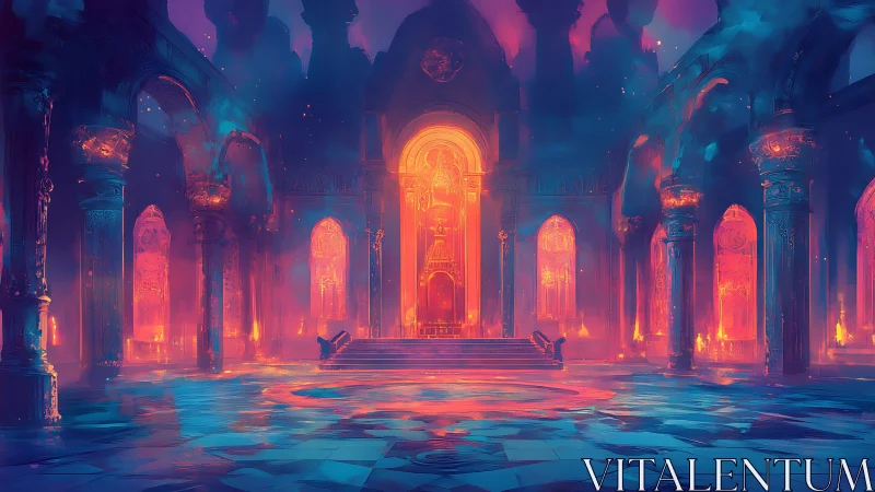 Luminous fantasy throne hall burns with ethereal fire
