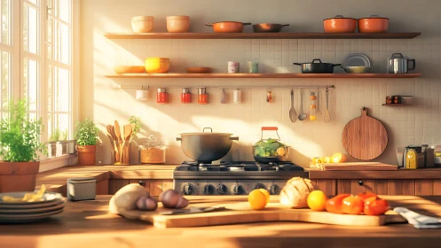 Sunlit rustic kitchen showcases warm wooden counters and cookware