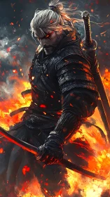 Bladeborn warrior strides through wildfire and ashstorm fury.