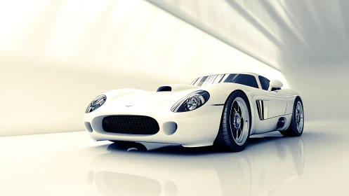 White sports coupe is rendered in a reflective tunnel space