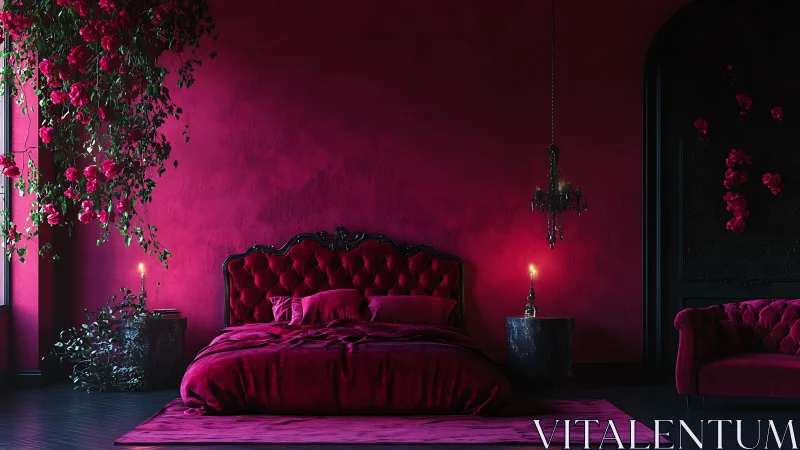 Velvet crimson bedroom glows with candlelit floral drama.