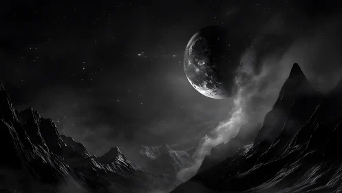 Lunar body hangs above dark, jagged extraterrestrial mountains