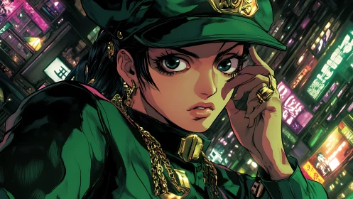 Confident night patrol heroine in neon city streets.