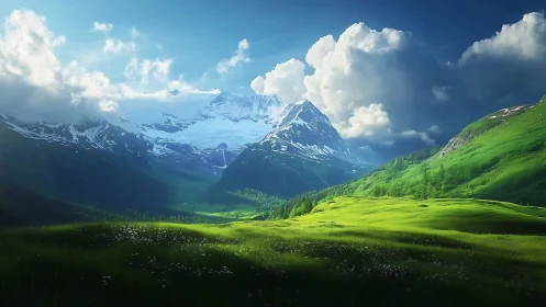 Snowcapped mountain above sunlit green alpine valley.